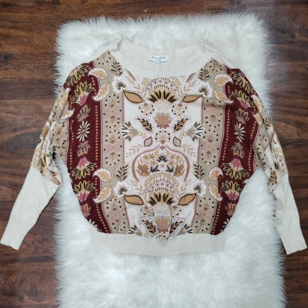 Hale Bob Womens Medium Paisley Floral Boho Dolman Sleeve Sweater Beige/Burgundy - Picture 2 of 10